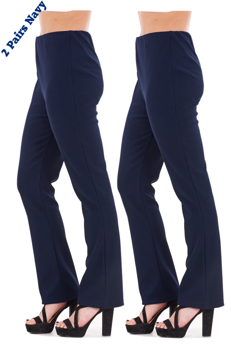 Ladies Finely Ribbed Bootleg STRETCH Trousers (2 PAIRS IN NAVY) Size 10 to 24