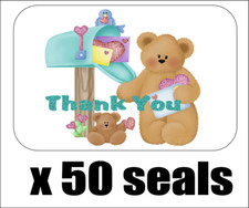 50 Cute Bear at Mailbox Thank You Envelope Seals / Labels / Stickers, 1" x 1.5"