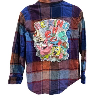 Sponge Bob Square Pants Plaid Flannel Button Down Shirt Kids XL Unique Be Kind