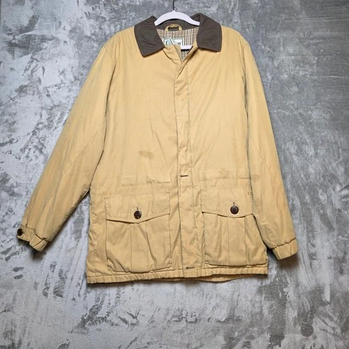 LL Bean Mens Field Jacket Tan Brown Collar Plaid Lined Insulated Medium BK11 - product listing photo