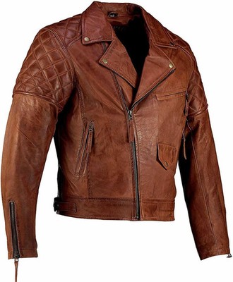 Mens Moto Jacket Cafe Racer Vintage Distressed Biker Brown Leather Jacket Coat