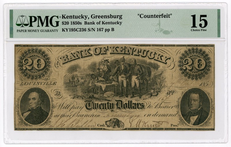 1854 $20 The Bank of Kentucky - Greensburg, KENTUCKY (CTFT.) Note PMG Fine 15