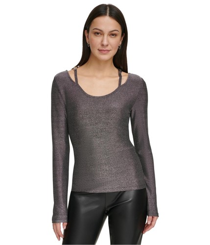 DKNY Womens Metallic Scoop Knit Blouse, Large
