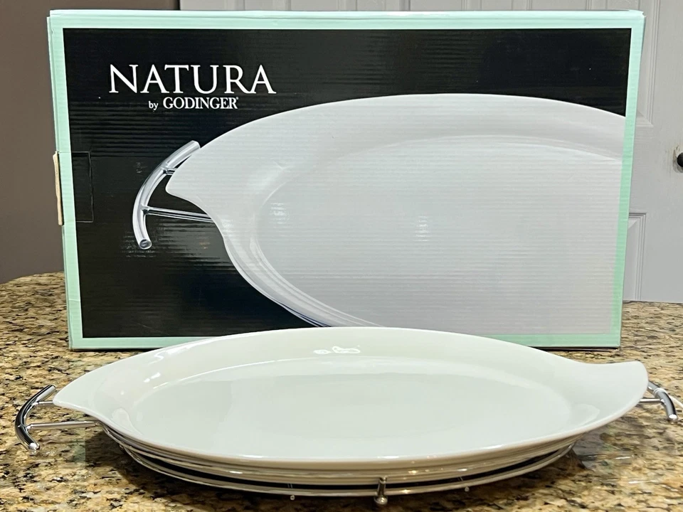 NIB Natura by Godinger Porcelain Serving Platter with Chrome Rack 11”x16” White - Image 2 of 4