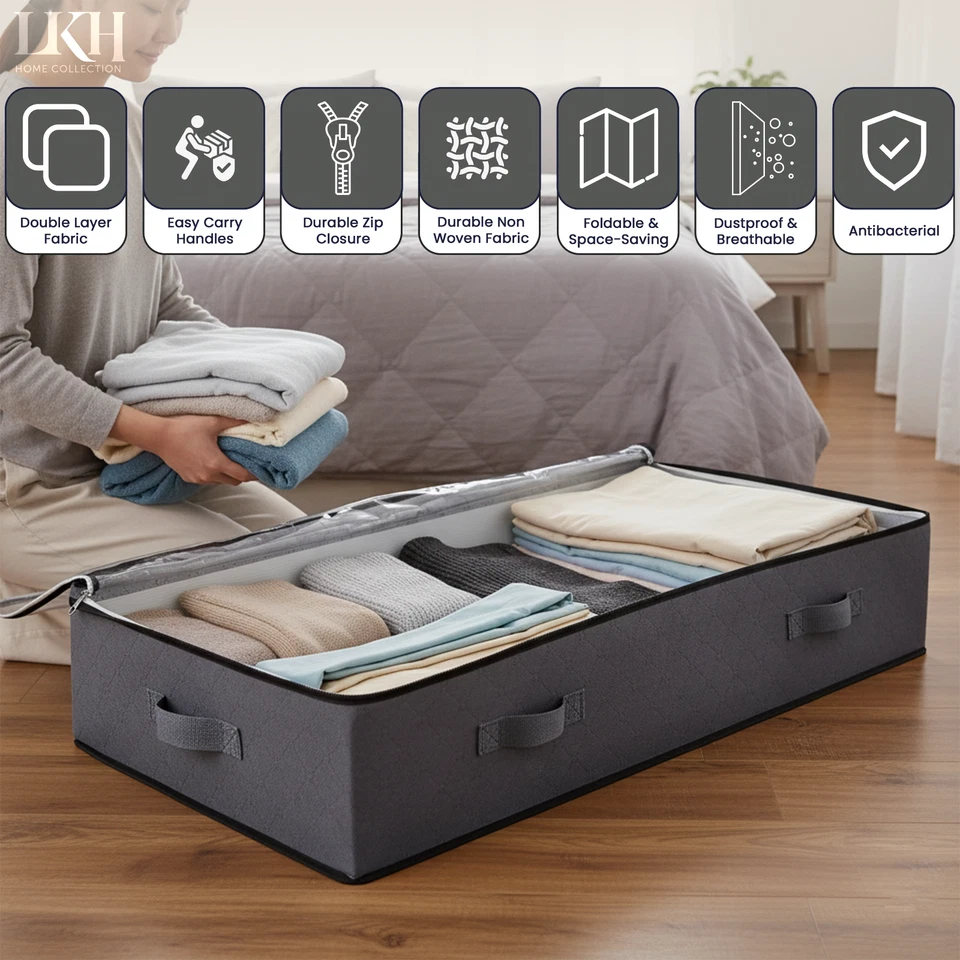 Under Bed Storage Bags 100L Pack of 4 Foldable Clothes Boxes with Zips & Handles - Image 3 of 4