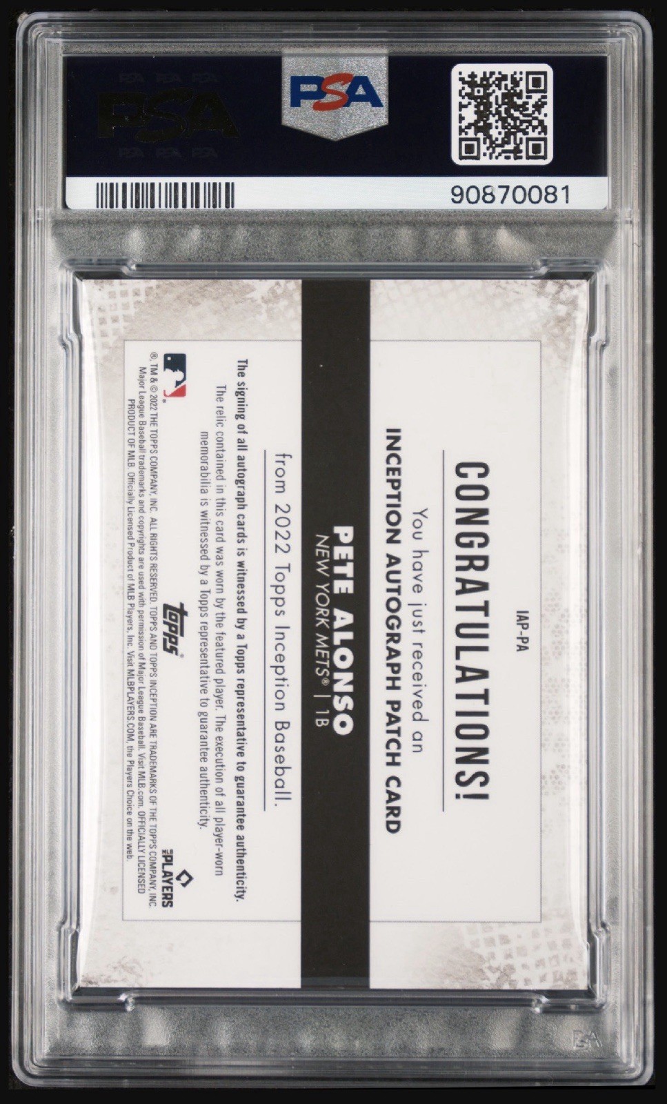 2022 Topps INCEPTION Pete Alonso PSA 10 AUTO PATCH JERSEY SP Card /99 view 2