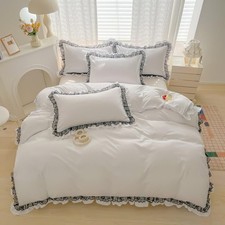 Black Lace Ruffle Duvet Cover Set, 3 Piece White Bedding Full Size, Cute Girl...