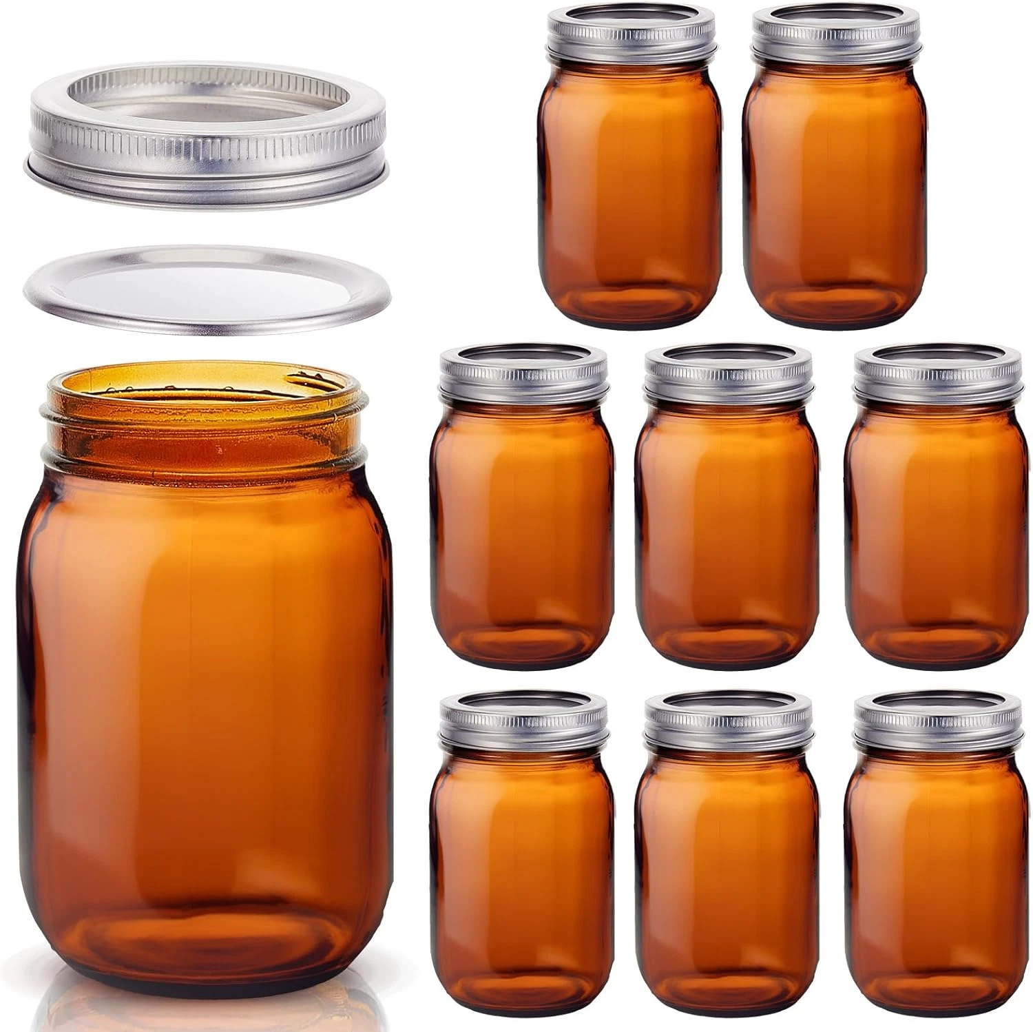 Norme 8 Pieces Amber Mason Jars 16 Oz Glass Mason Jar with Airtight Lids Canning