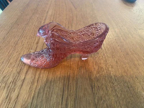 Vintage Fenton Pink Dusty Rose Button and Daisy Cat Head Glass Slipper Shoe 6"