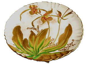 1880s-90s HEAVILY GILDED SCALLOPED RIM DETAILED ORCHIDS CABINET PLATE  8 5/8"