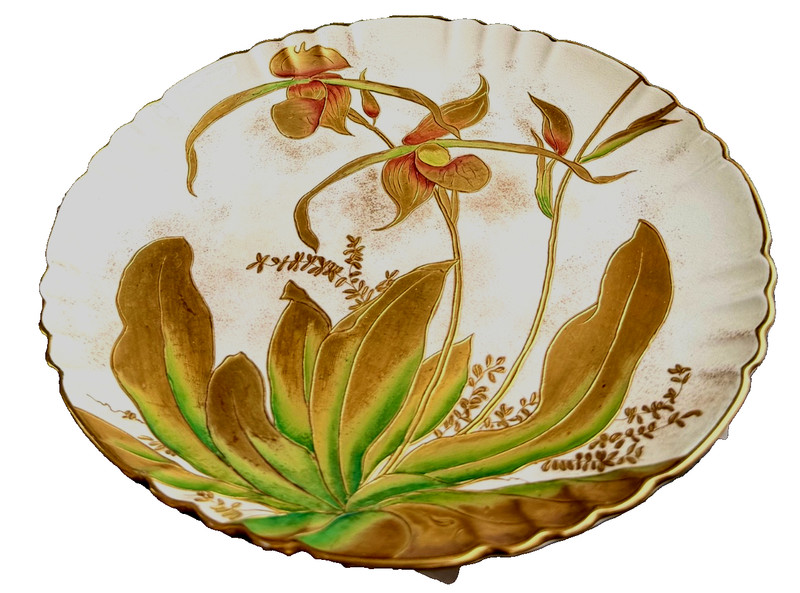 1880s-90s HEAVILY GILDED SCALLOPED RIM DETAILED ORCHIDS CABINET PLATE  8 5/8"