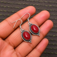 Natural Red Onyx 925 Sterling Silver Bali Oval Drop Earrings Handmade Boho