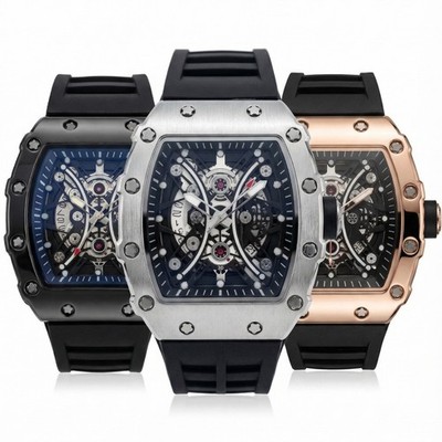 [US STOCK] Luxury Tonneau Skeleton Watch Rubber Strap Quartz 3ATM Date Luminous