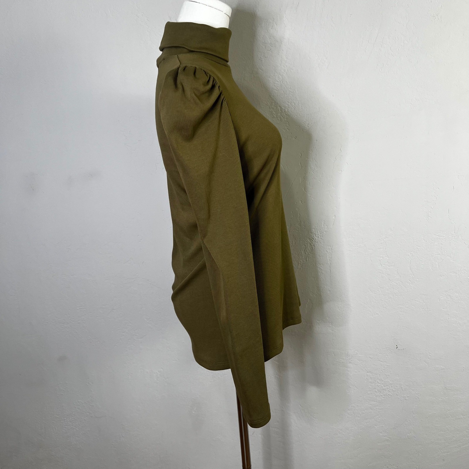 Veronica Beard Jeans Olive Green Ribbed Puff Sleeve Turtleneck Top Size Medium