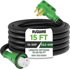 RVGUARD 50 Amp 15 Foot RV Power Cord, 14-50P to SS2-50R Generator 15 