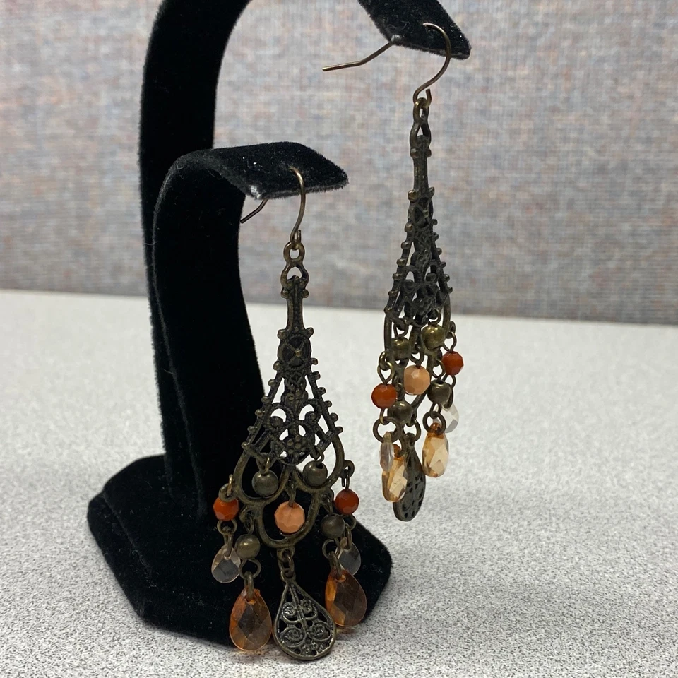 Brincos lustre boêmio tom bronze laranja pedra preciosa gota pendurada Fairycore - Imagem 2 de 4