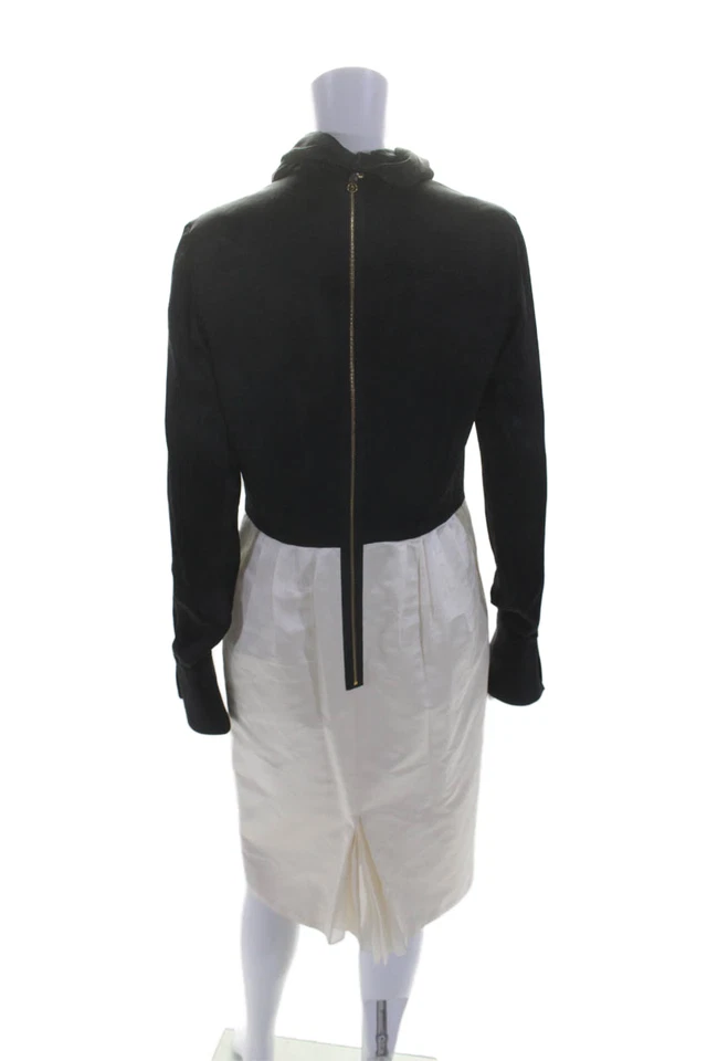 Rachel Roy Womens Silk Mock Neck Long Sleeves Pleated Front Dress Black White Si - Image 3 of 4
