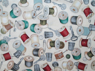 THREAD SPOOLS SEWING ITEMS ON CREAM COTTON FABRIC BTHY