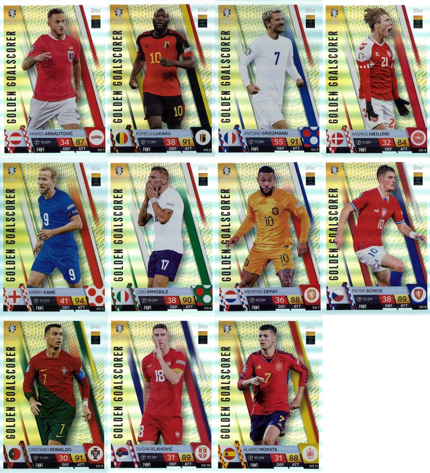 Match Attax UEFA EURO 2024 - ALLE 11 GOLDEN GOALSCORER GG Trading Cards KOMPLETT