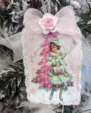 Shabby Chic Victorian Child Pink Roses Bow Decoupage Christmas Tree Ornament