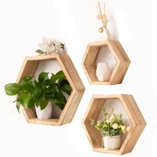 XL Hexagon Floating Shelves Set of 3 Plant Hexagon Shelf - Wood Hex Wall Shelf!