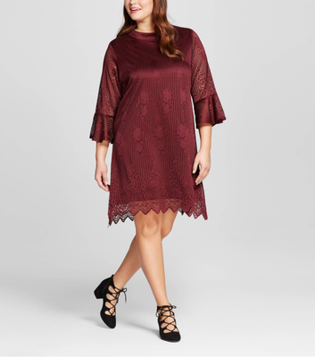 BEAUTIFUL HEART SOUL BORDO 3/4 BELL SLEEVE LACE LINED SHIFT DRESS PLUS Sz 3X