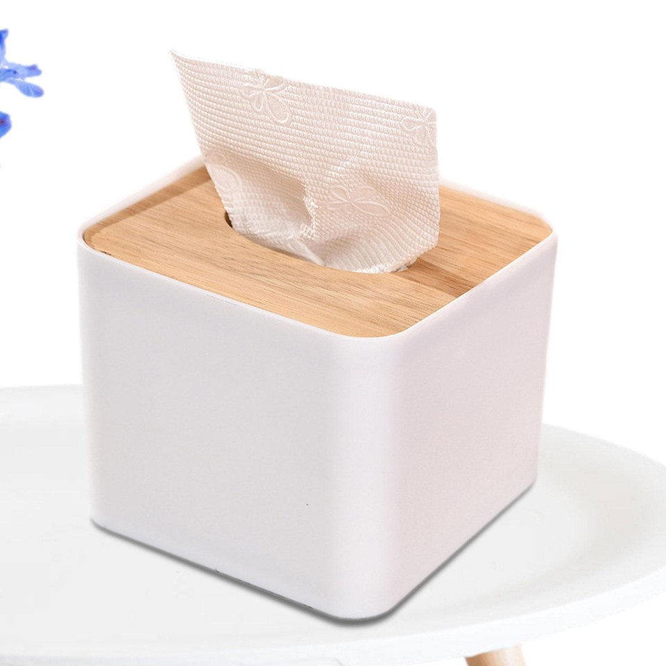 2pcs White Square Tissue Box Storage Case Smooth Wood Cover Facial
