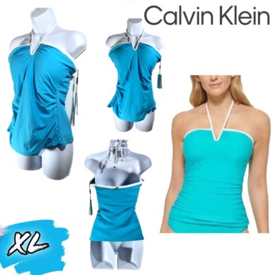 NWT Calvin Klein XL Bandeau Halter Tankini Top Swimsuit Blue