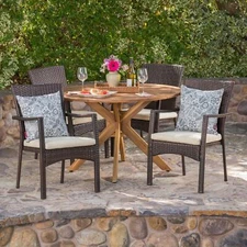 Joshua Outdoor 5 Piece Brown Wicker Dining Set w/ Teak Finish Acacia Wood Circle