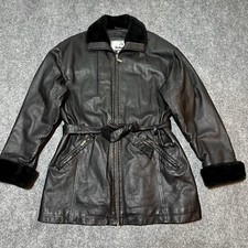 Leather Man Coat Womens Extra Large Black Leather Zip Belted Faux Fur Trim
