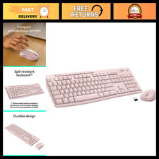 Wireless Full Size Keyboard and Mouse Combo - Ergonomic, USB Receiver, Rose Colo