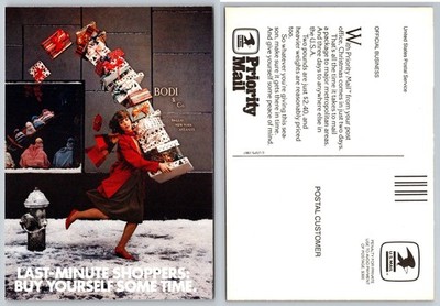 1987 USPS Priority Mail Christmas Last Minute Shoppers Postcard