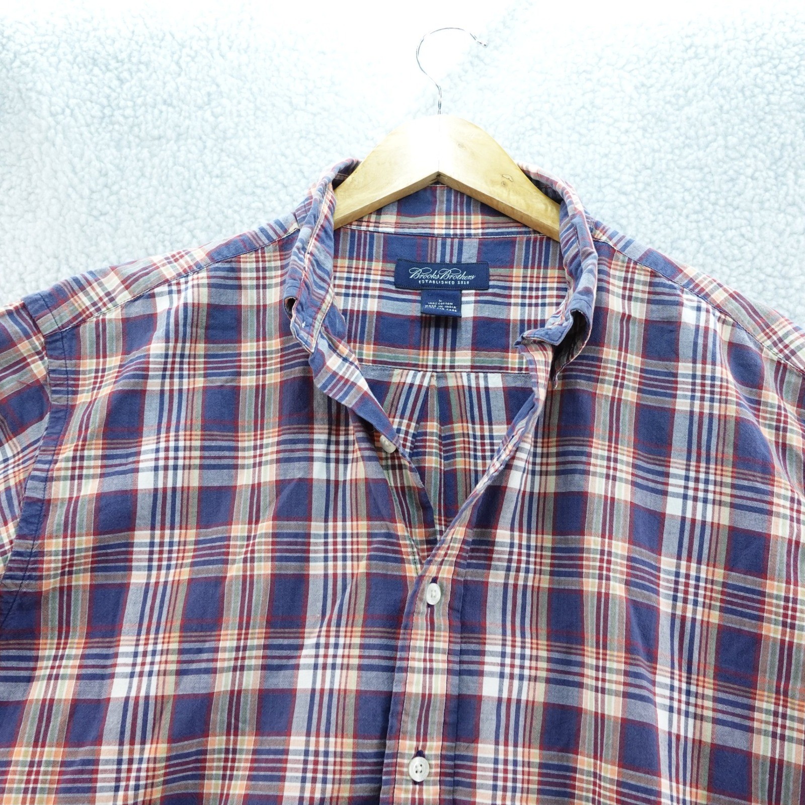 Brooks Brothers Mens L Plaid Button Down Short Sleeve Shirt Casual Lightweight