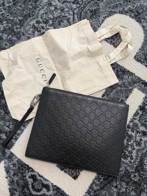Auth Gucci Signature Monogram Guccissima Black Leather Wristlet Pouch