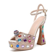 Women's Rhinestone Platform High Heels, Open Toe Ankle Strap Block Heel Sandals