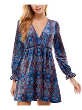 CITY STUDIO Womens Long Sleeve Surplice Neckline Short Fit + Flare Dress