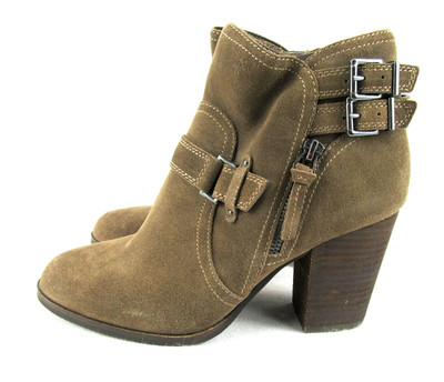 Gianni Bini Women's Size 9M Brown Suede Buckle Strap Zip Ankle Block Heel Boots