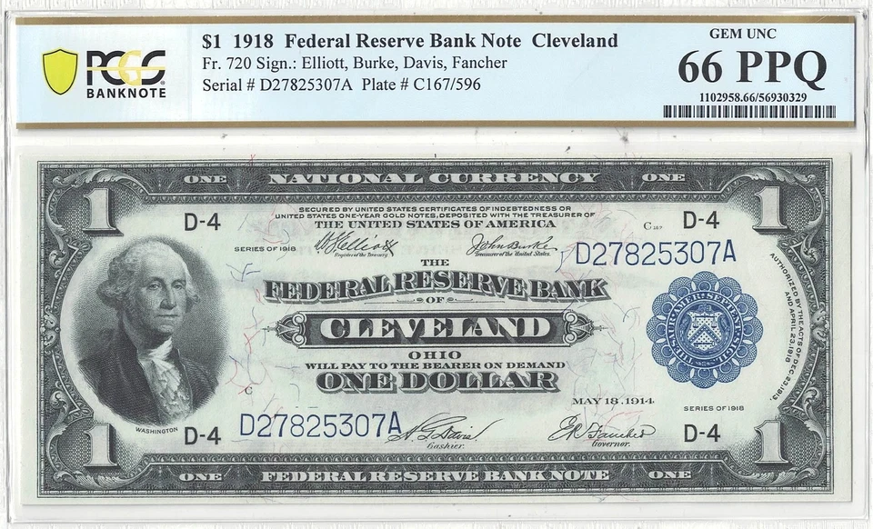 1918 $1 Federal Reserve Bank Note Fr-720 PCGS Gem CU-66 PPQ - Image 2 of 3