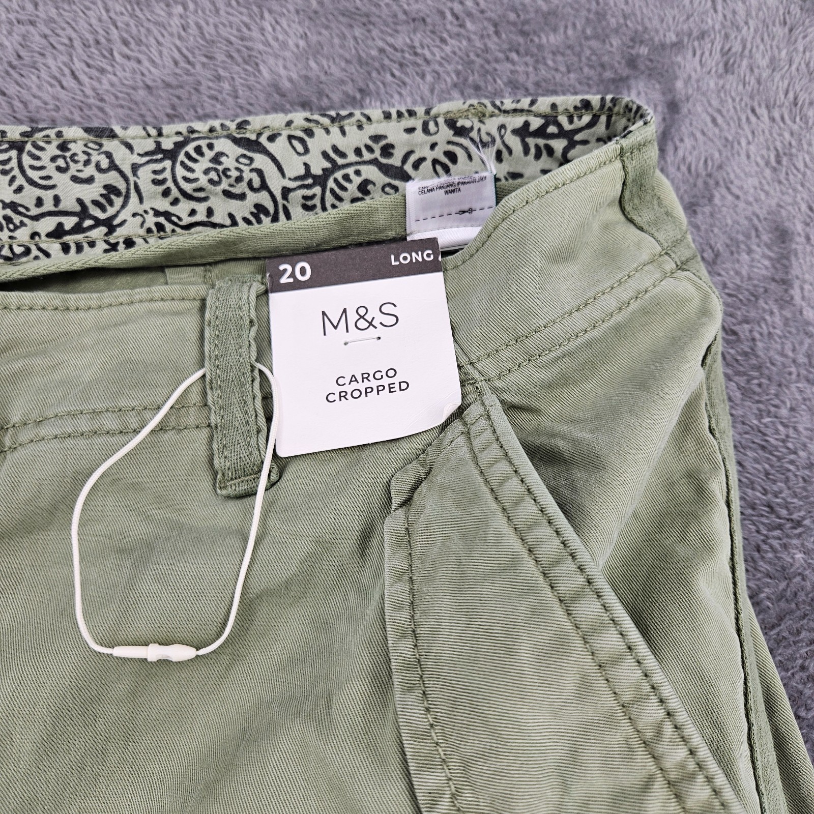 M&S Sage Green Cargo Cropped Trousers Cotton Stretch UK 20 Long image 8