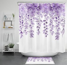 Purple Eucalyptus Leaf Succulent Botanical Shower Curtain Set for Bathroom Decor