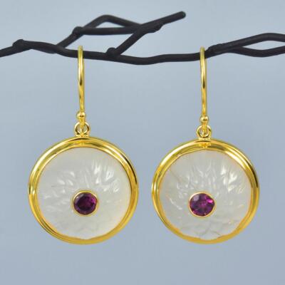 Gold Vermeil Sterling Chalzedon Lotus Schnitzerei Haken Ohrringe Rhodolith 11.16