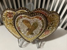USA Rare Triple Heart Eagle Belt Buckle Heavy Metals Western Statement Piece