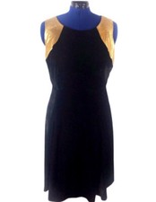 NY Collection Women’s 1X Plus Size Black  Gold Trim Velvet Fit Flare Dress Size