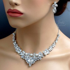Jewelry Set Crystal  Pearl Necklace Earrings Rhodium Plated Women Wedding 083