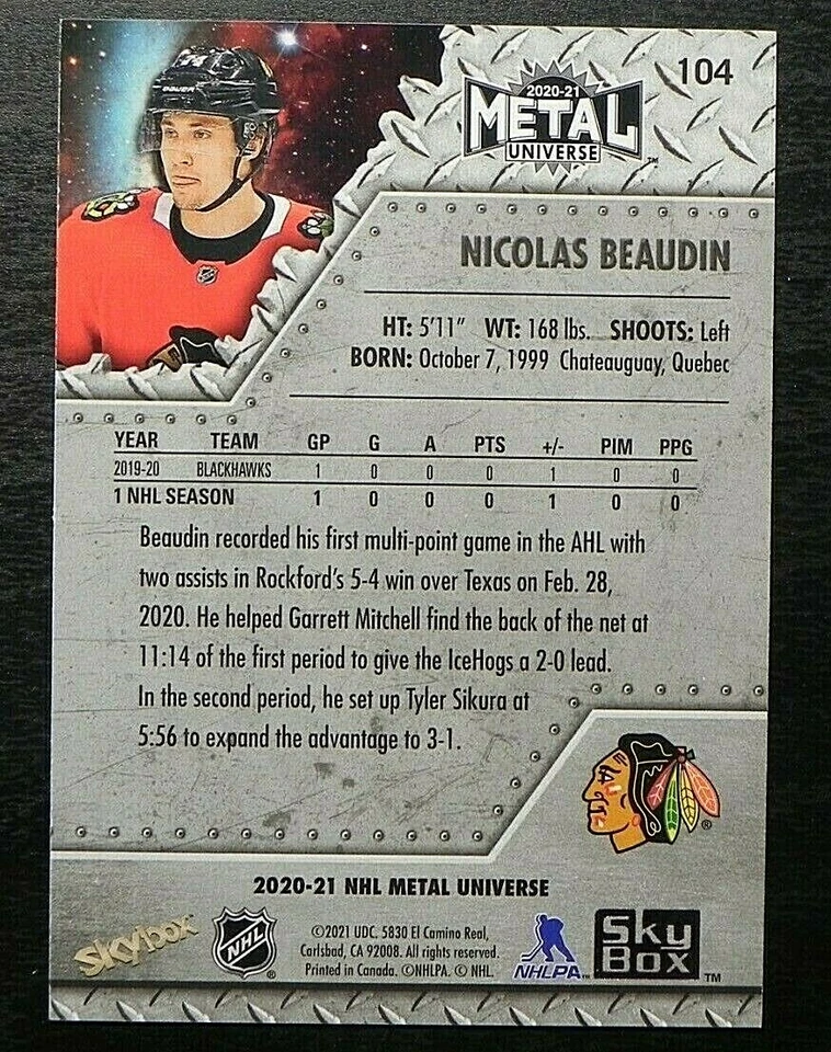 2020-21 20/21 Skybox Metal Universe SP ROOKIE #104 Nicolas Beaudin Blackhawks - Image 2 of 2