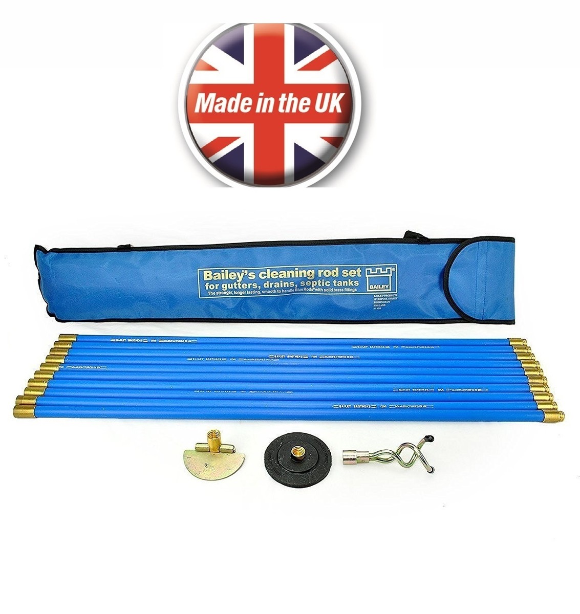 BAILEY 10 x BRASS Drain Rods 3/4in Set Plus Worm,Plunger,Scraper