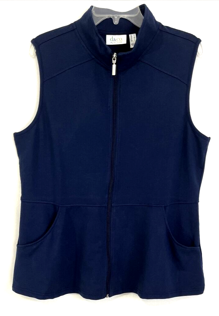 Denim & Co. Active Peplum Vest Sz Medium Navy Blue Pockets Zip Front Women ZX1 Denim & Co. Active Peplum Vest Sz Medium Navy Blue Pockets Zip Front Women ZX1