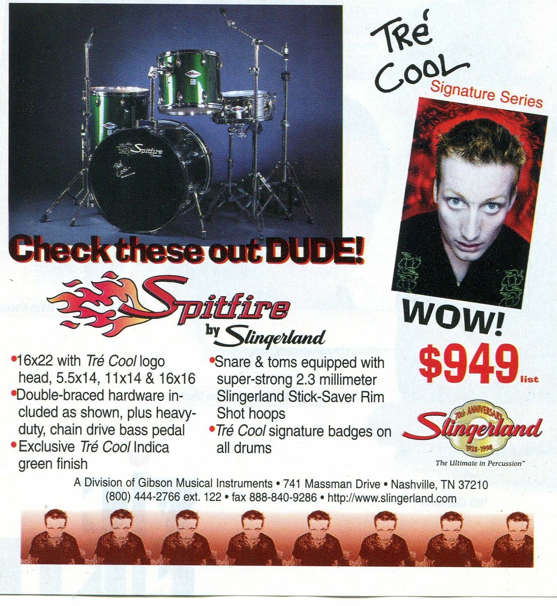 1999 small Print Ad of Slingerland Spitfire Tre Cool Signature