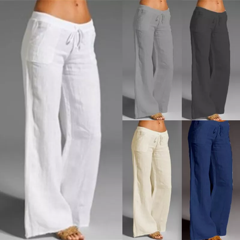 Women Cotton Linen Wide Leg Trousers Elastic High Waist Loose Pants Baggy  Summer