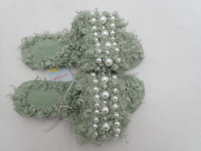 Girls Adeline Slip-On Embellish Pearl Fuzzy Slide Slippers Cat & Jack Green sz 2